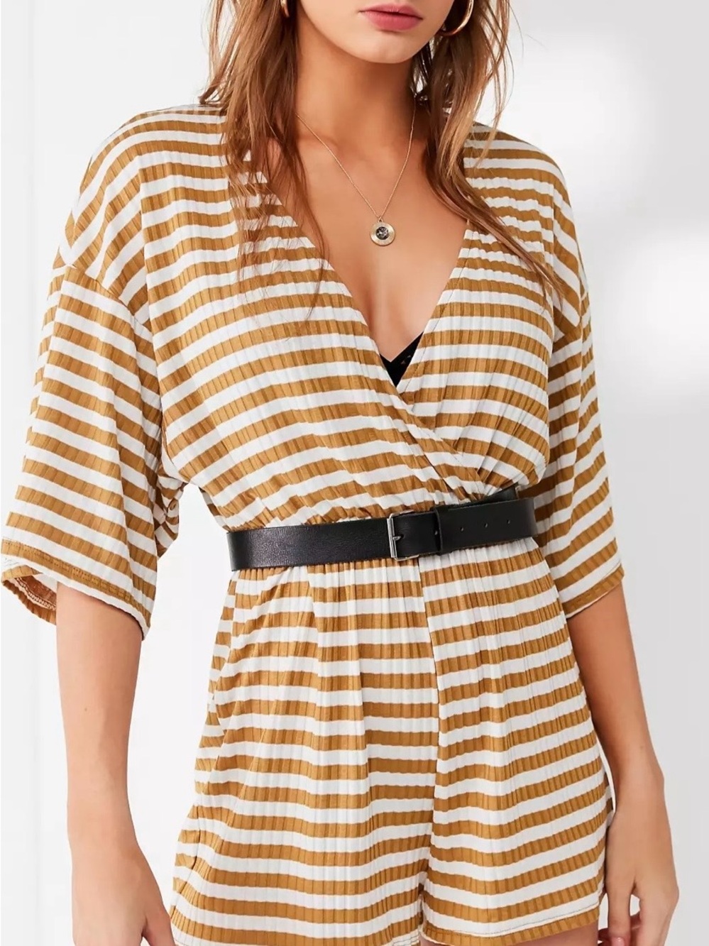 Urban Outfitters Striped V-Neck Tunic Romper in Tan and White